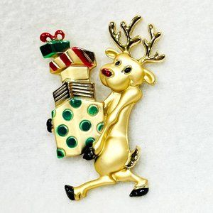 Christmas Reindeer with Presents Brooch/Pin - 2.5" x 1.75"
